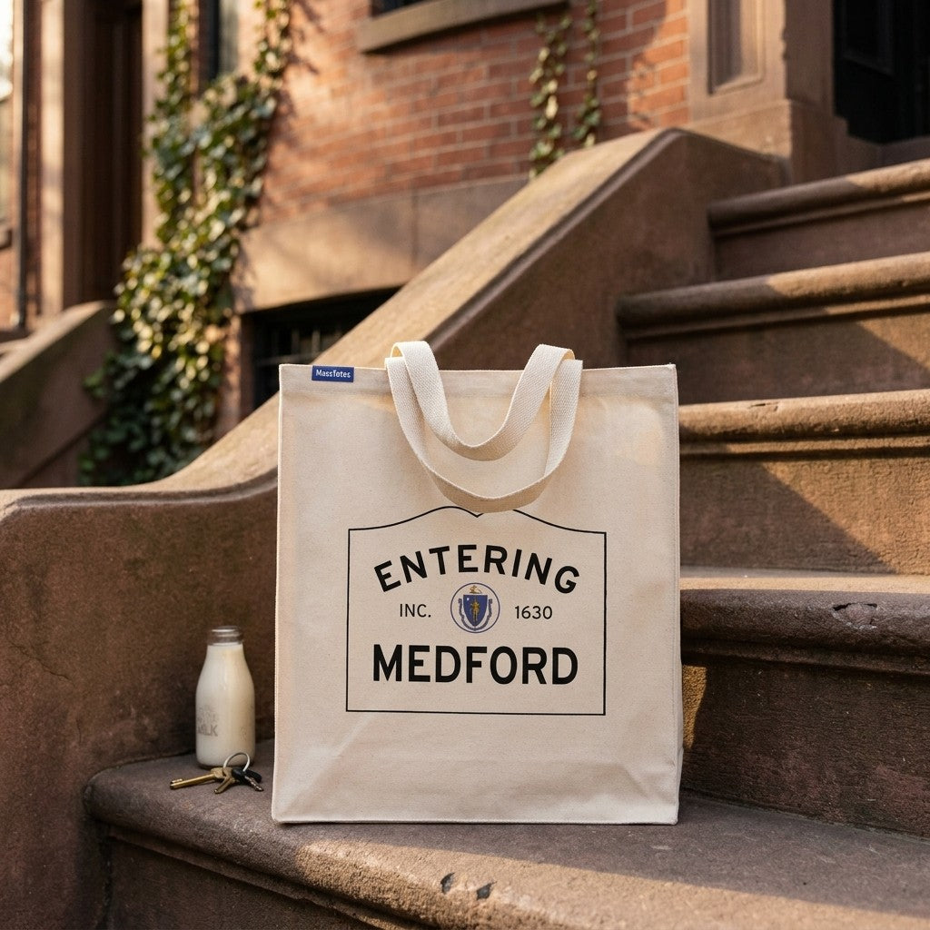 Entering Medford, Massachusetts Canvas Tote Bag - Lifestyle Scene - Relaxed Natural Setting
