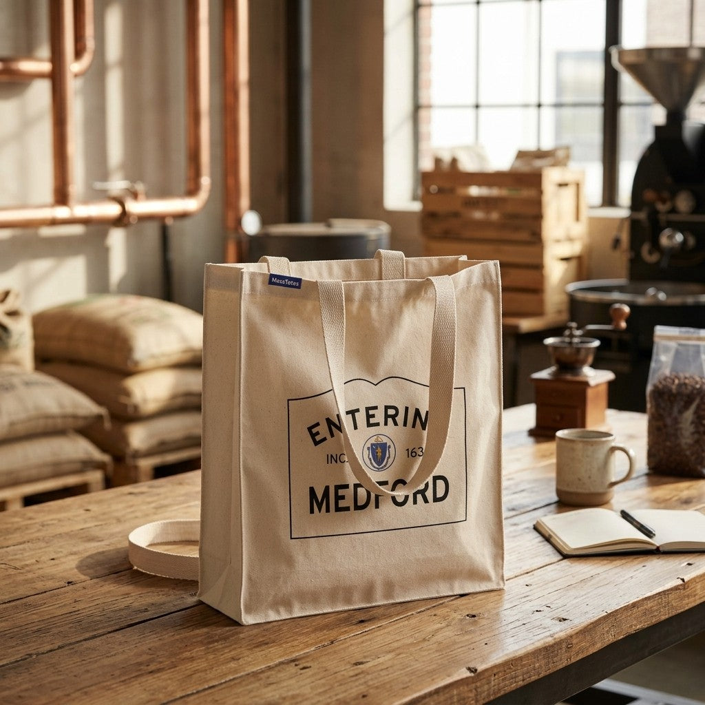 Entering Medford, Massachusetts Canvas Tote Bag - Lifestyle Scene - Classic New England Detail