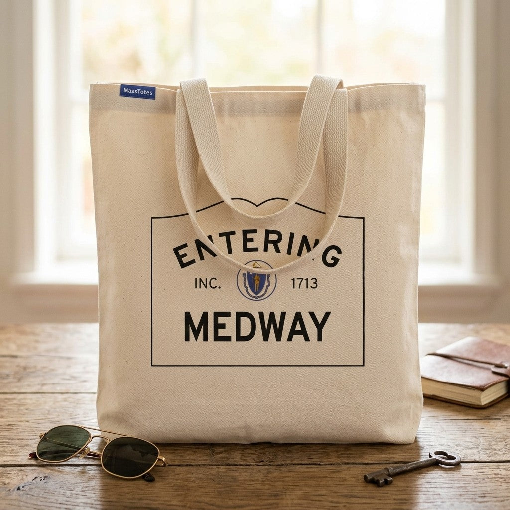 Entering Medway, Massachusetts Canvas Tote Bag - Lifestyle Scene - Relaxed Natural Setting