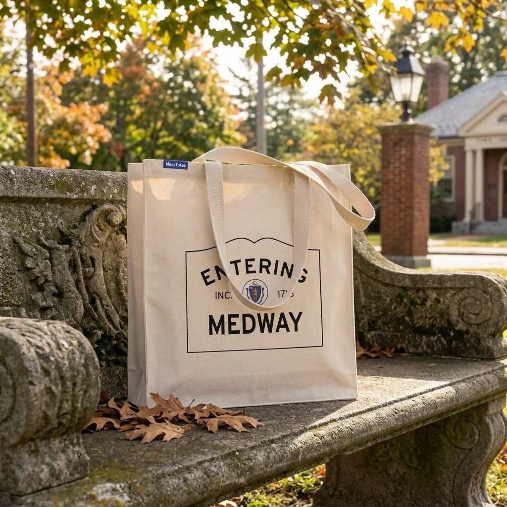 Entering Medway, Massachusetts Canvas Tote Bag - Lifestyle Scene - Classic New England Detail