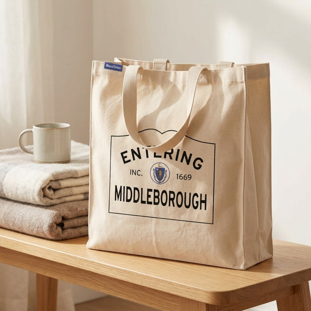 Entering Middleborough, Massachusetts Canvas Tote Bag - Lifestyle Scene - Classic New England Detail