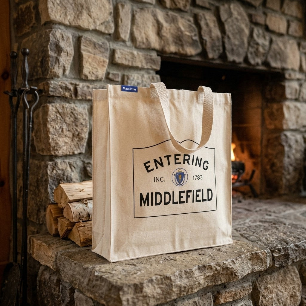Entering Middlefield, Massachusetts Canvas Tote Bag - Lifestyle Scene - Relaxed Natural Setting