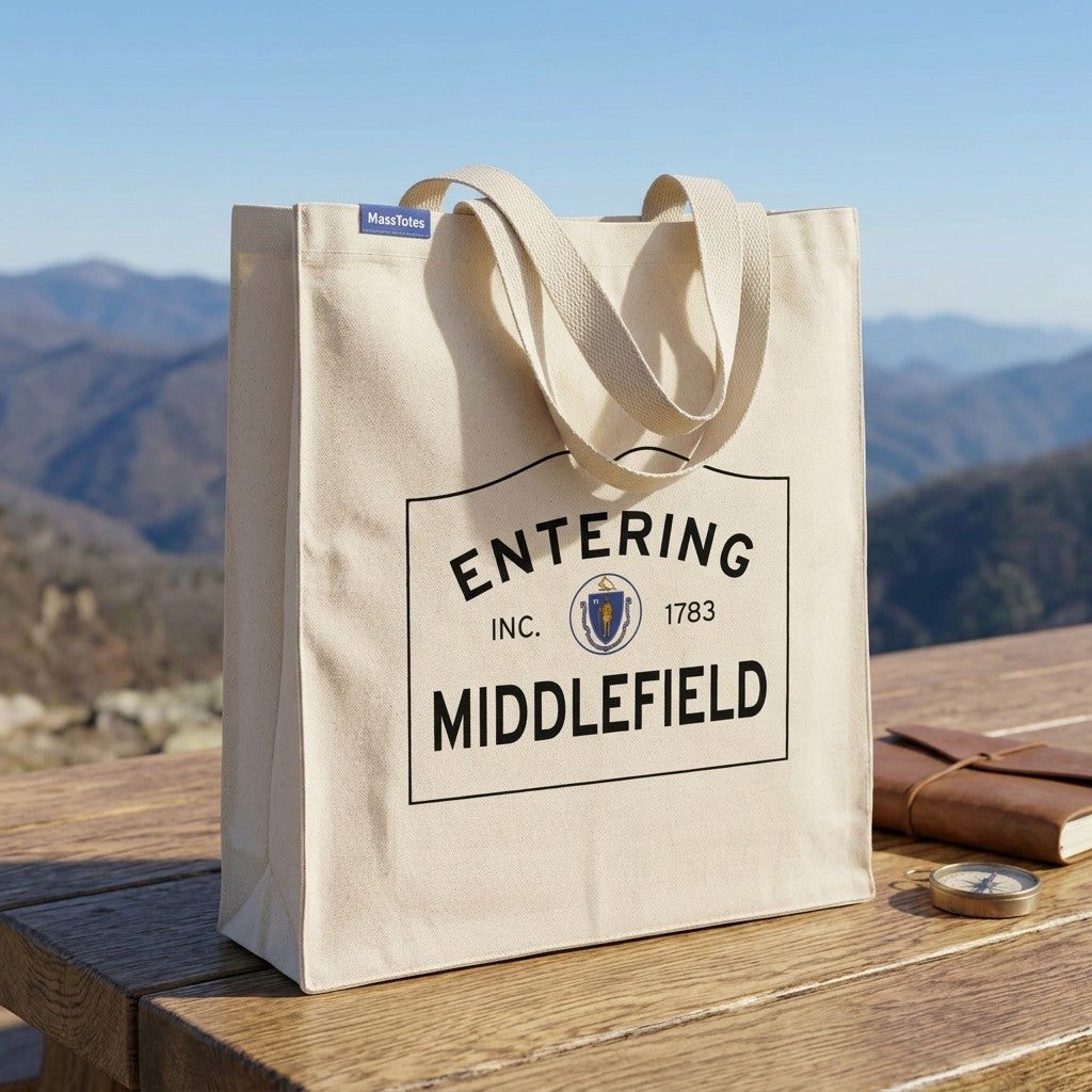 Entering Middlefield, Massachusetts Canvas Tote Bag - Lifestyle Scene - Classic New England Detail