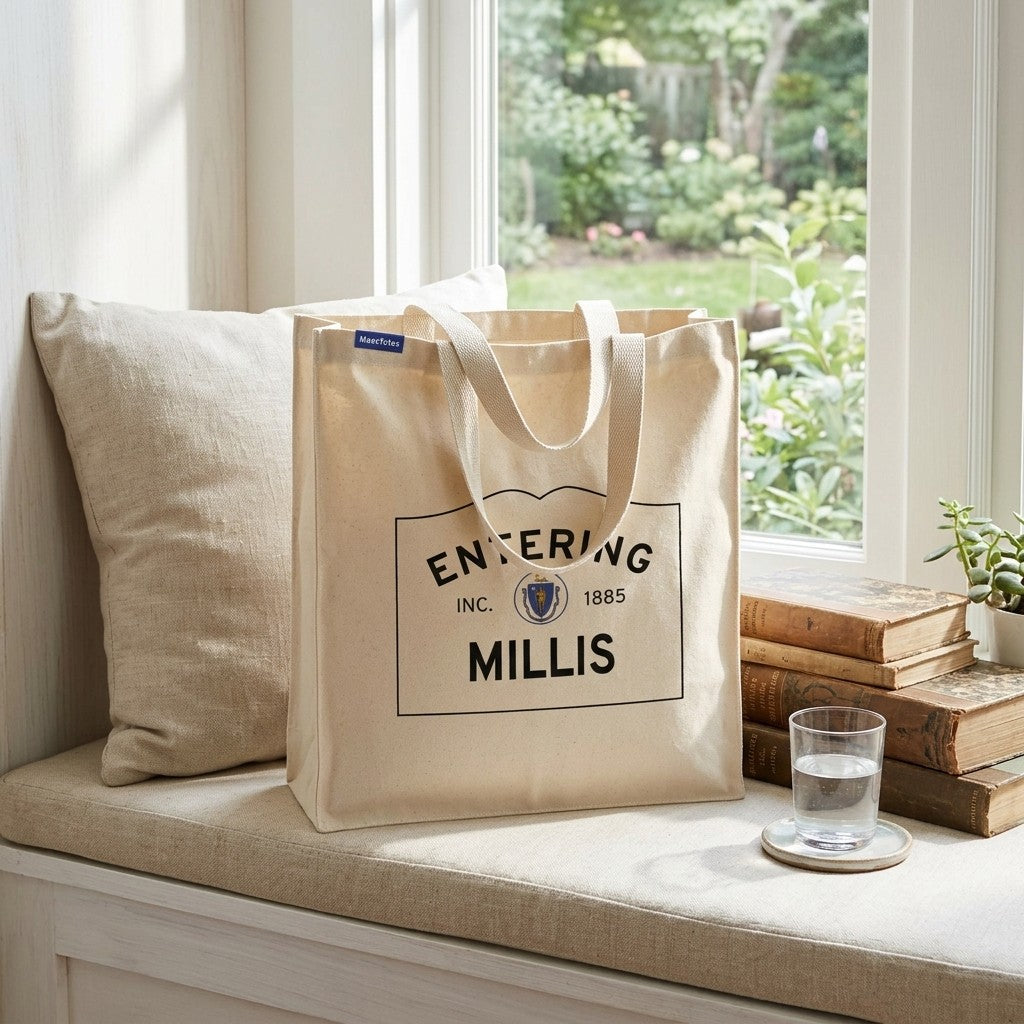 Entering Millis, Massachusetts Canvas Tote Bag - Lifestyle Scene - Relaxed Natural Setting