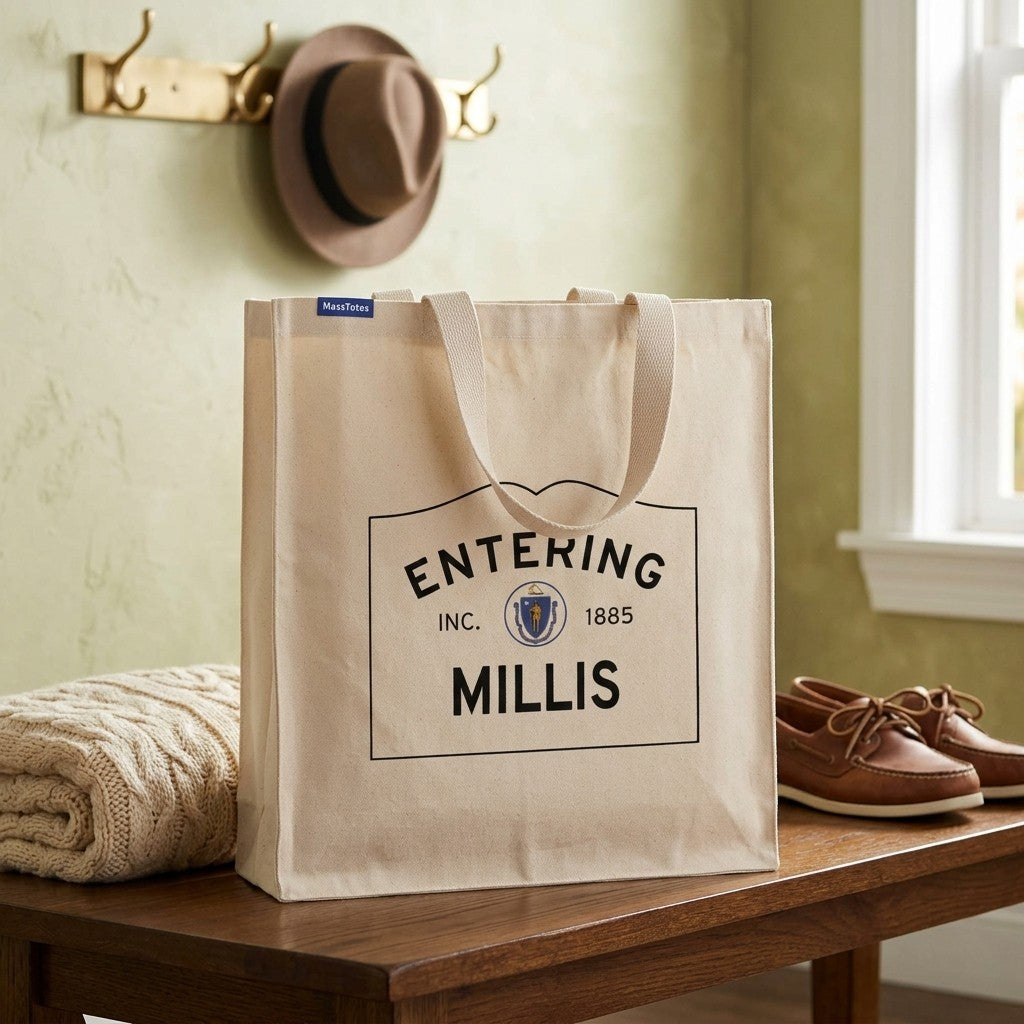Entering Millis, Massachusetts Canvas Tote Bag - Lifestyle Scene - Classic New England Detail