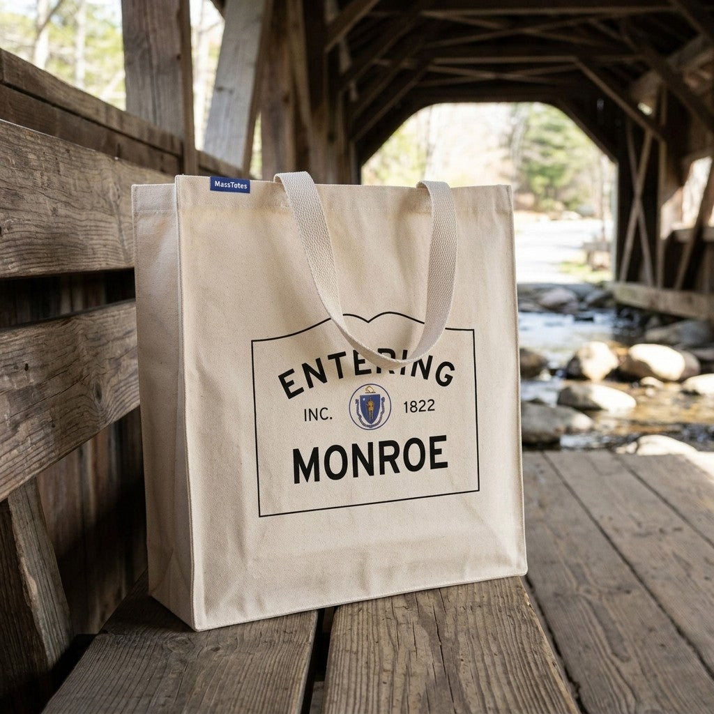 Entering Monroe, Massachusetts Canvas Tote Bag - Lifestyle Scene - Relaxed Natural Setting