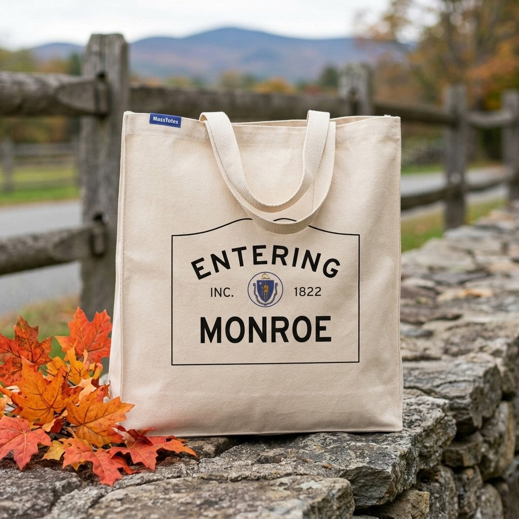 Entering Monroe, Massachusetts Canvas Tote Bag - Lifestyle Scene - Classic New England Detail