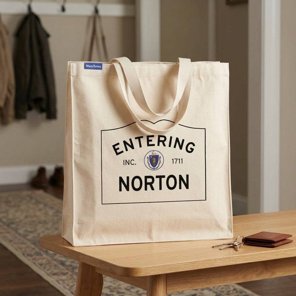 Entering Norton, Massachusetts Canvas Tote Bag - Lifestyle Scene - Classic New England Detail