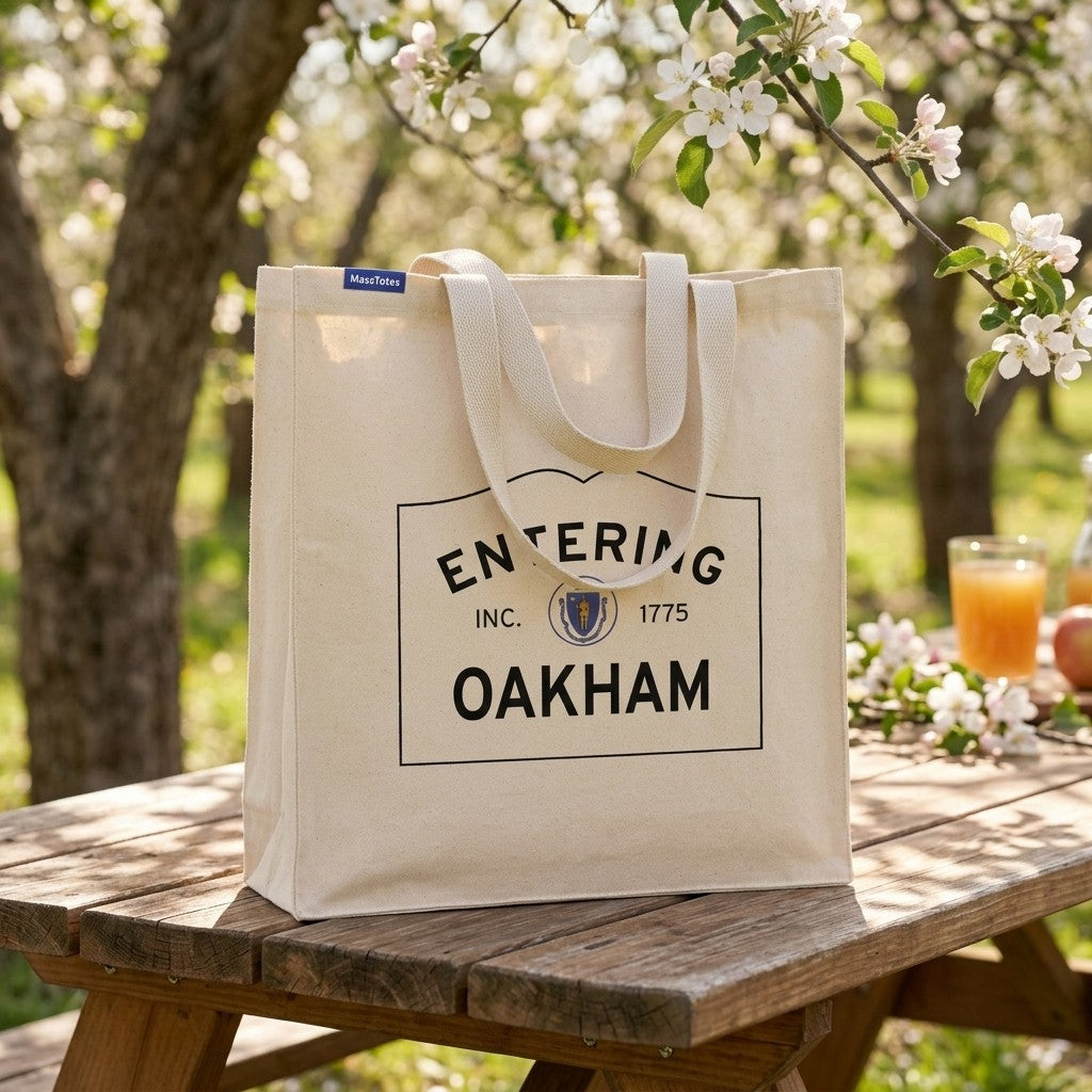 Entering Oakham, Massachusetts Canvas Tote Bag - Lifestyle Scene - Relaxed Natural Setting