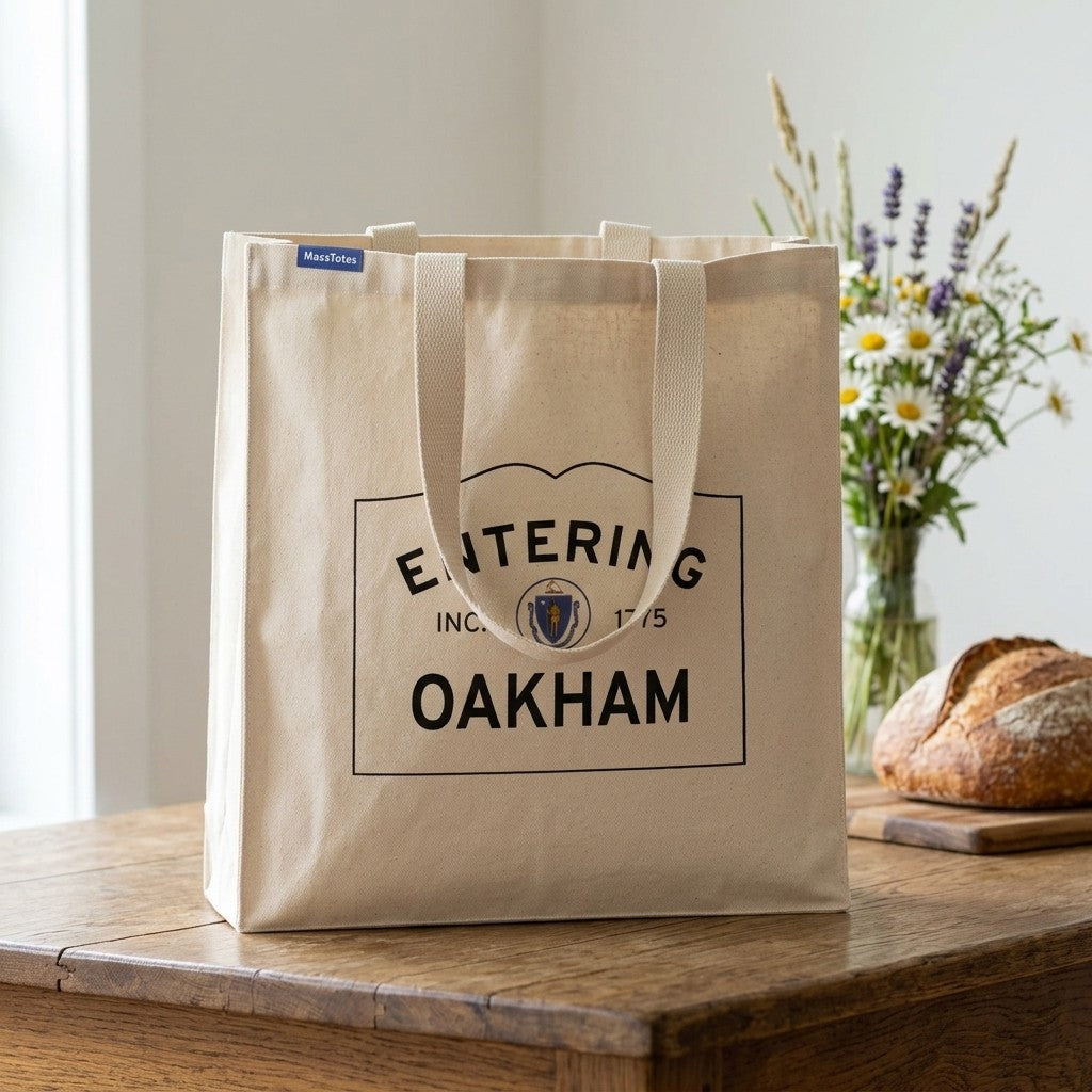 Entering Oakham, Massachusetts Canvas Tote Bag - Lifestyle Scene - Classic New England Detail