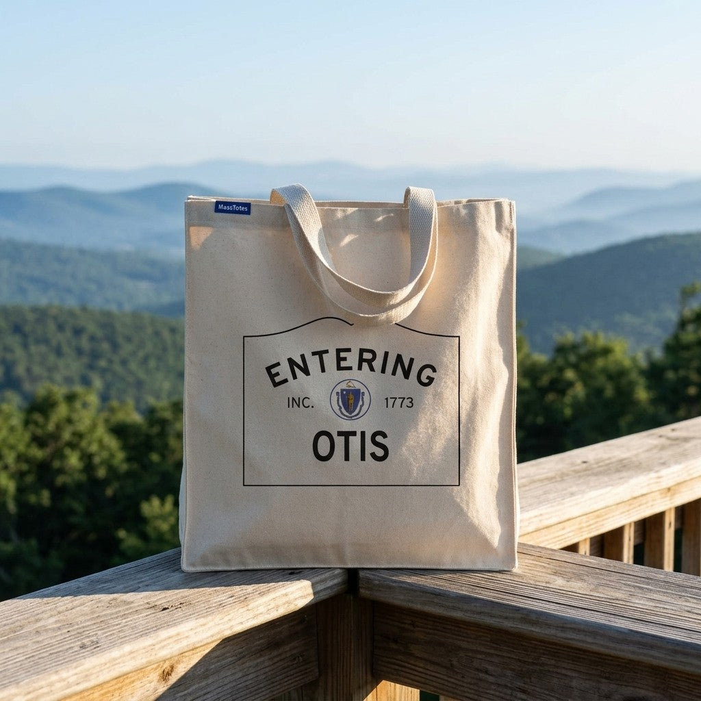 Entering Otis, Massachusetts Canvas Tote Bag - Lifestyle Scene - Classic New England Detail