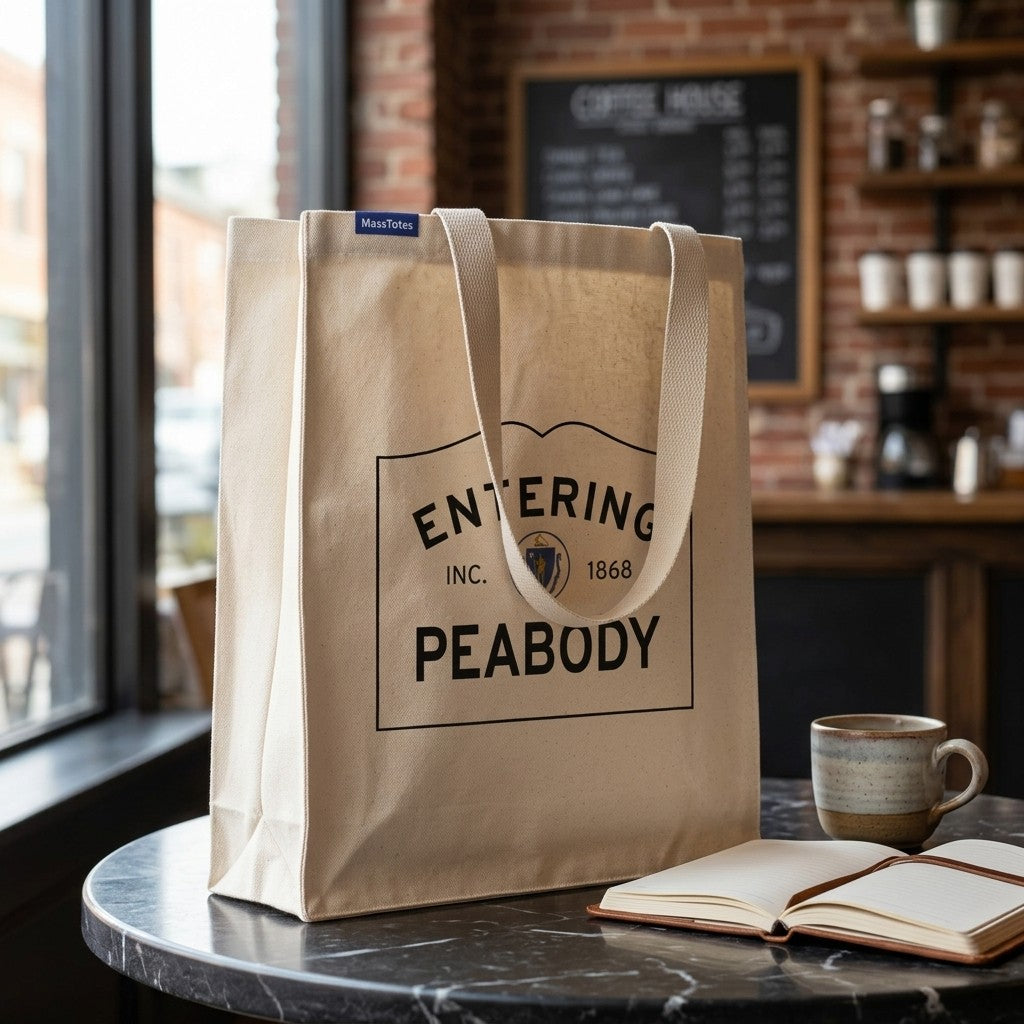 Entering Peabody, Massachusetts Canvas Tote Bag - Lifestyle Scene - Classic New England Detail