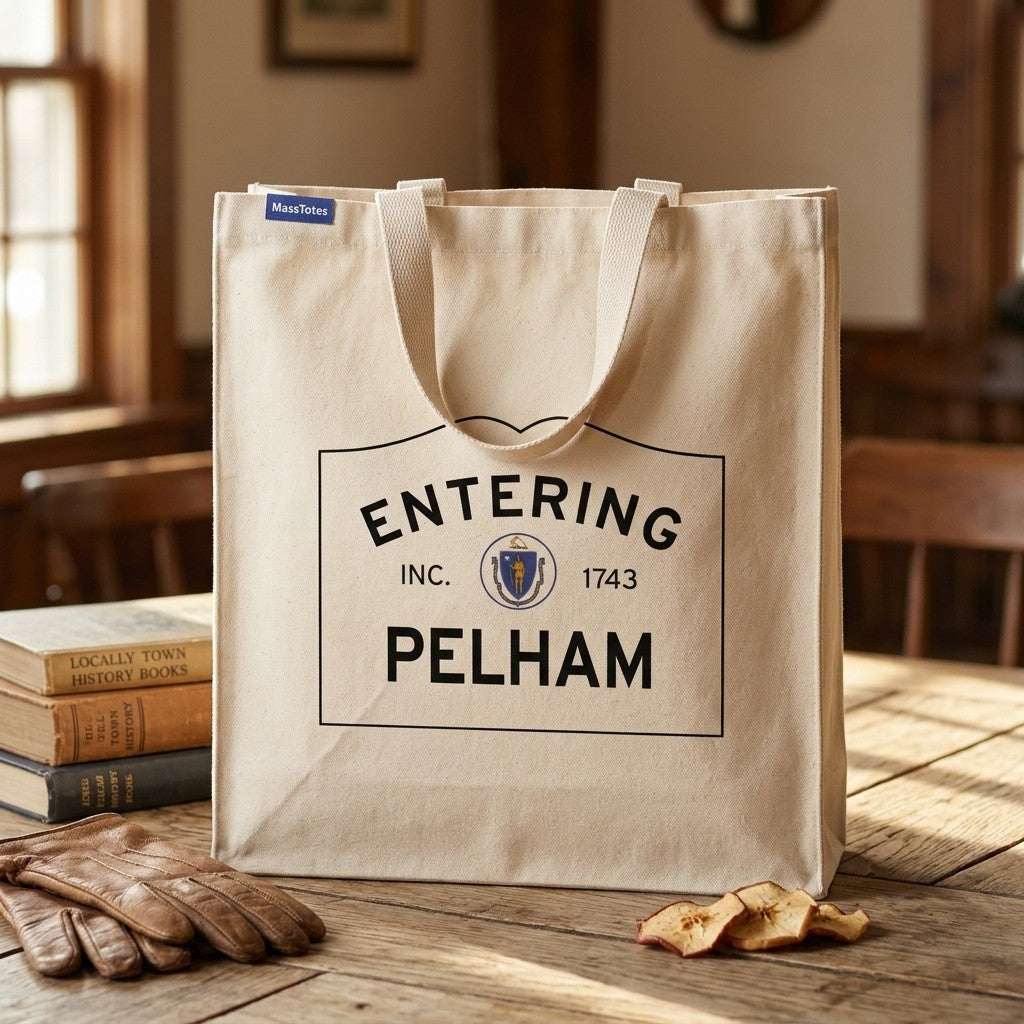 Entering Pelham, Massachusetts Canvas Tote Bag - Lifestyle Scene - Classic New England Detail