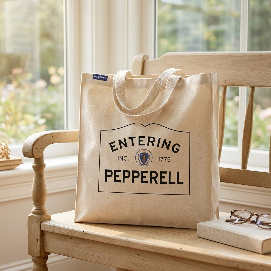 Entering Pepperell, Massachusetts Canvas Tote Bag - Lifestyle Scene - Classic New England Detail