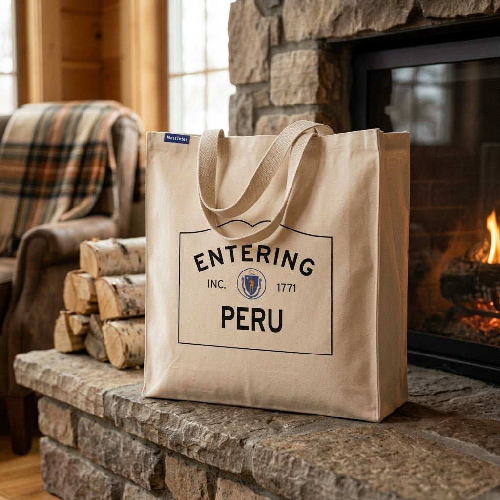 Entering Peru, Massachusetts Canvas Tote Bag - Lifestyle Scene - Relaxed Natural Setting