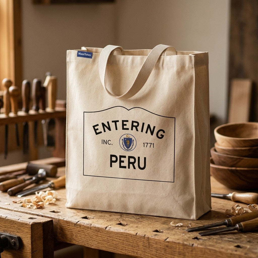 Entering Peru, Massachusetts Canvas Tote Bag - Lifestyle Scene - Classic New England Detail