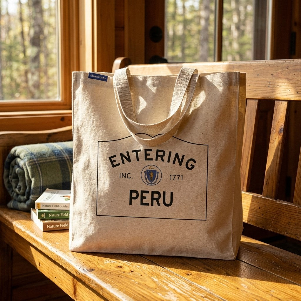 Entering Peru, Massachusetts Canvas Tote Bag - Everyday In-Situ View - Sunlit Environment