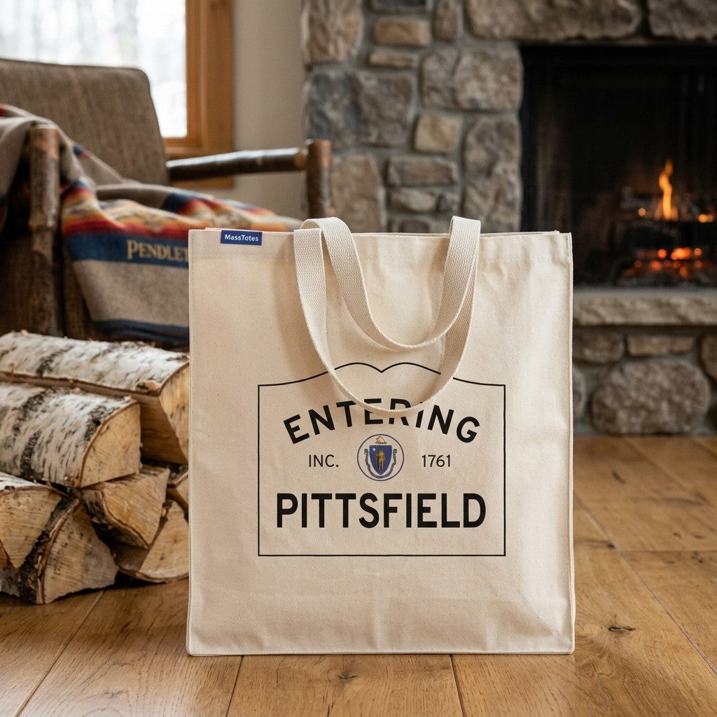 Entering Pittsfield, Massachusetts Canvas Tote Bag - Lifestyle Scene - Classic New England Detail