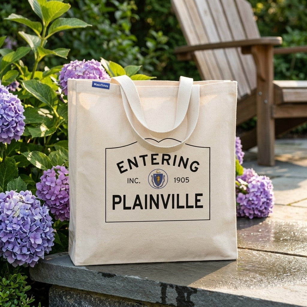 Entering Plainville, Massachusetts Canvas Tote Bag - Lifestyle Scene - Relaxed Natural Setting