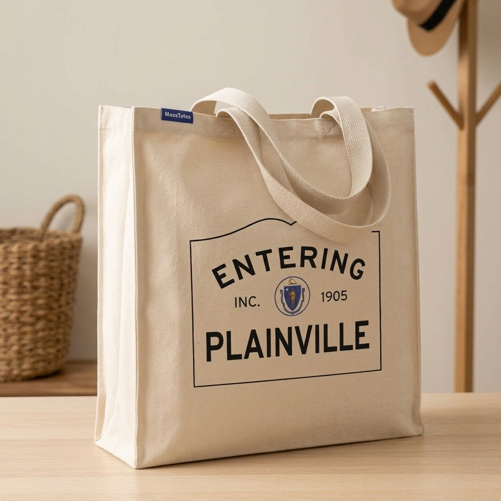 Entering Plainville, Massachusetts Canvas Tote Bag - Lifestyle Scene - Classic New England Detail