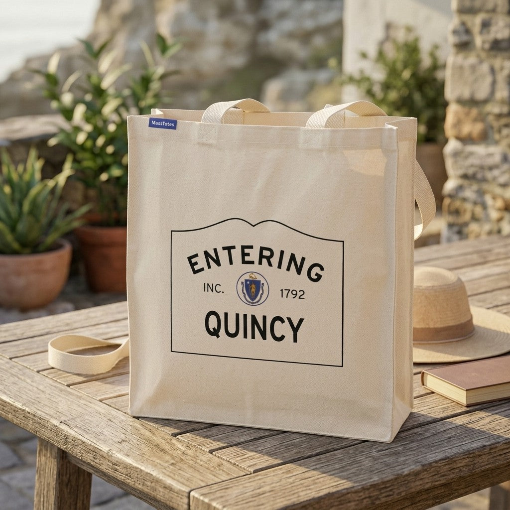 Entering Quincy, Massachusetts Canvas Tote Bag - Lifestyle Scene - Classic New England Detail