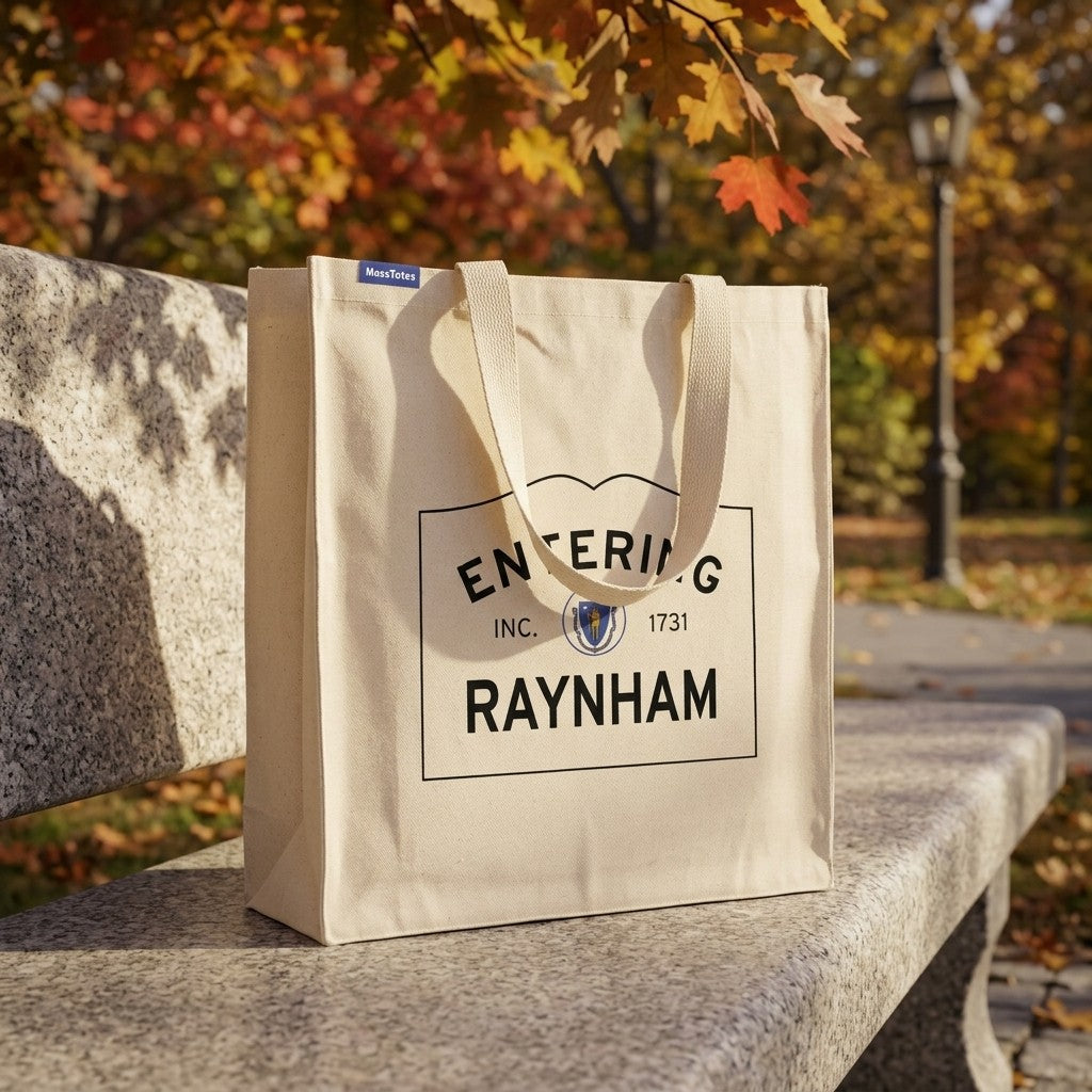 Entering Raynham, Massachusetts Canvas Tote Bag - Lifestyle Scene - Classic New England Detail