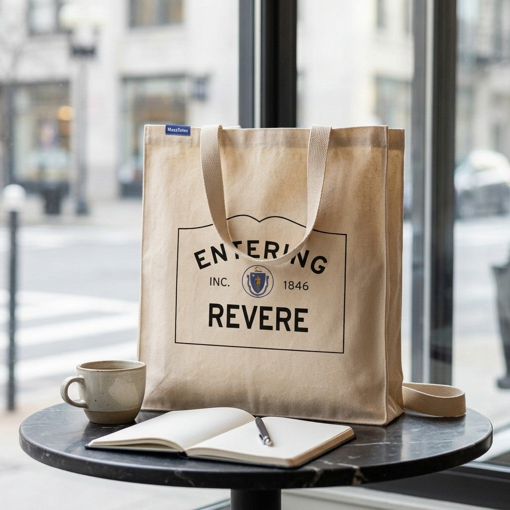 Entering Revere, Massachusetts Canvas Tote Bag - Lifestyle Scene - Classic New England Detail