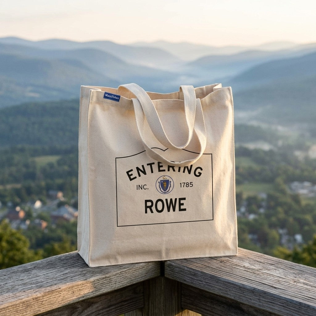 Entering Rowe, Massachusetts Canvas Tote Bag - Lifestyle Scene - Classic New England Detail