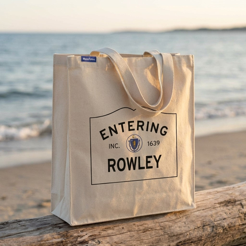 Entering Rowley, Massachusetts Canvas Tote Bag - Lifestyle Scene - Classic New England Detail