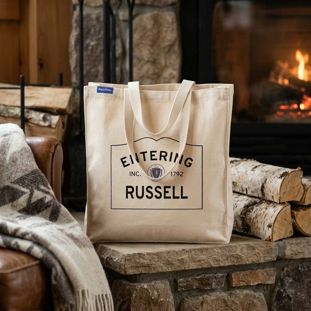 Entering Russell, Massachusetts Canvas Tote Bag - Lifestyle Scene - Relaxed Natural Setting