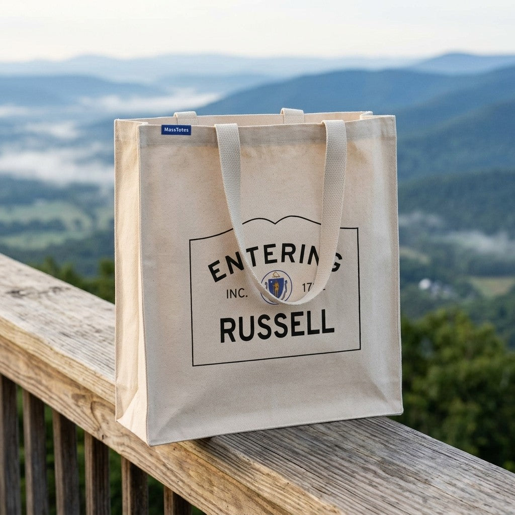 Entering Russell, Massachusetts Canvas Tote Bag - Lifestyle Scene - Classic New England Detail