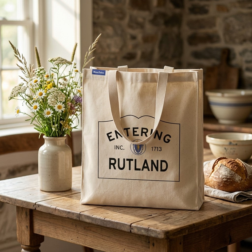 Entering Rutland, Massachusetts Canvas Tote Bag - Lifestyle Scene - Classic New England Detail