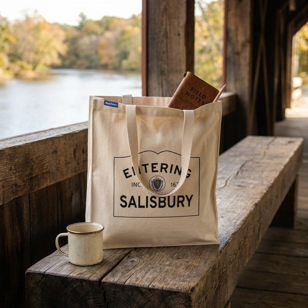 Entering Salisbury, Massachusetts Canvas Tote Bag - Lifestyle Scene - Relaxed Natural Setting