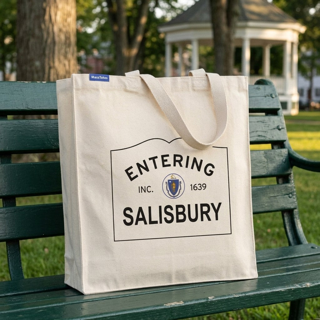 Entering Salisbury, Massachusetts Canvas Tote Bag - Lifestyle Scene - Classic New England Detail