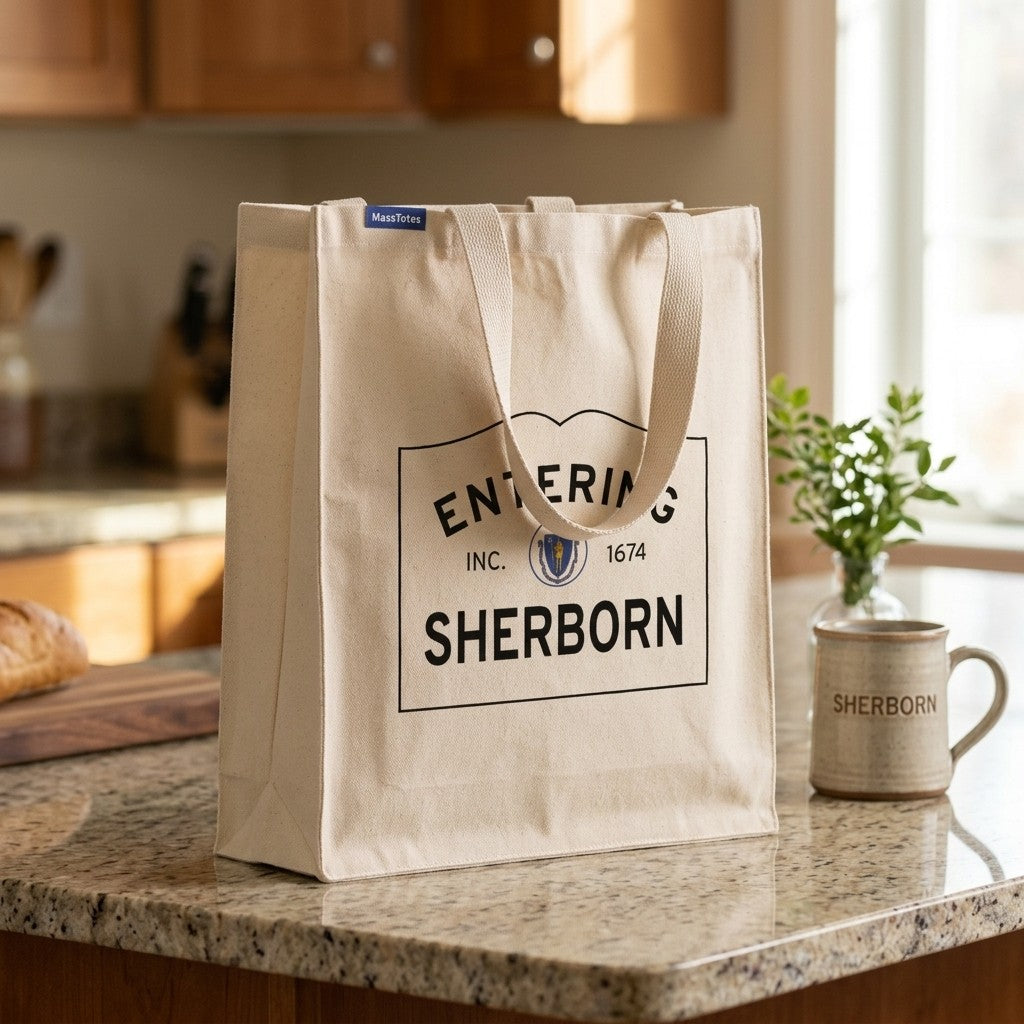 Entering Sherborn, Massachusetts Canvas Tote Bag - Lifestyle Scene - Classic New England Detail