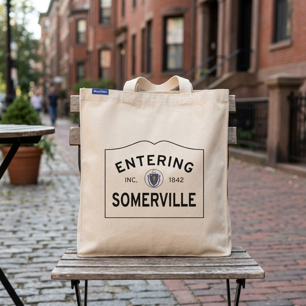 Entering Somerville, Massachusetts Canvas Tote Bag - Lifestyle Scene - Relaxed Natural Setting