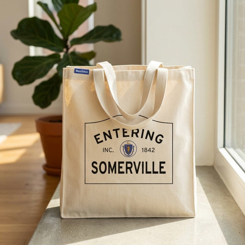 Entering Somerville, Massachusetts Canvas Tote Bag - Lifestyle Scene - Classic New England Detail