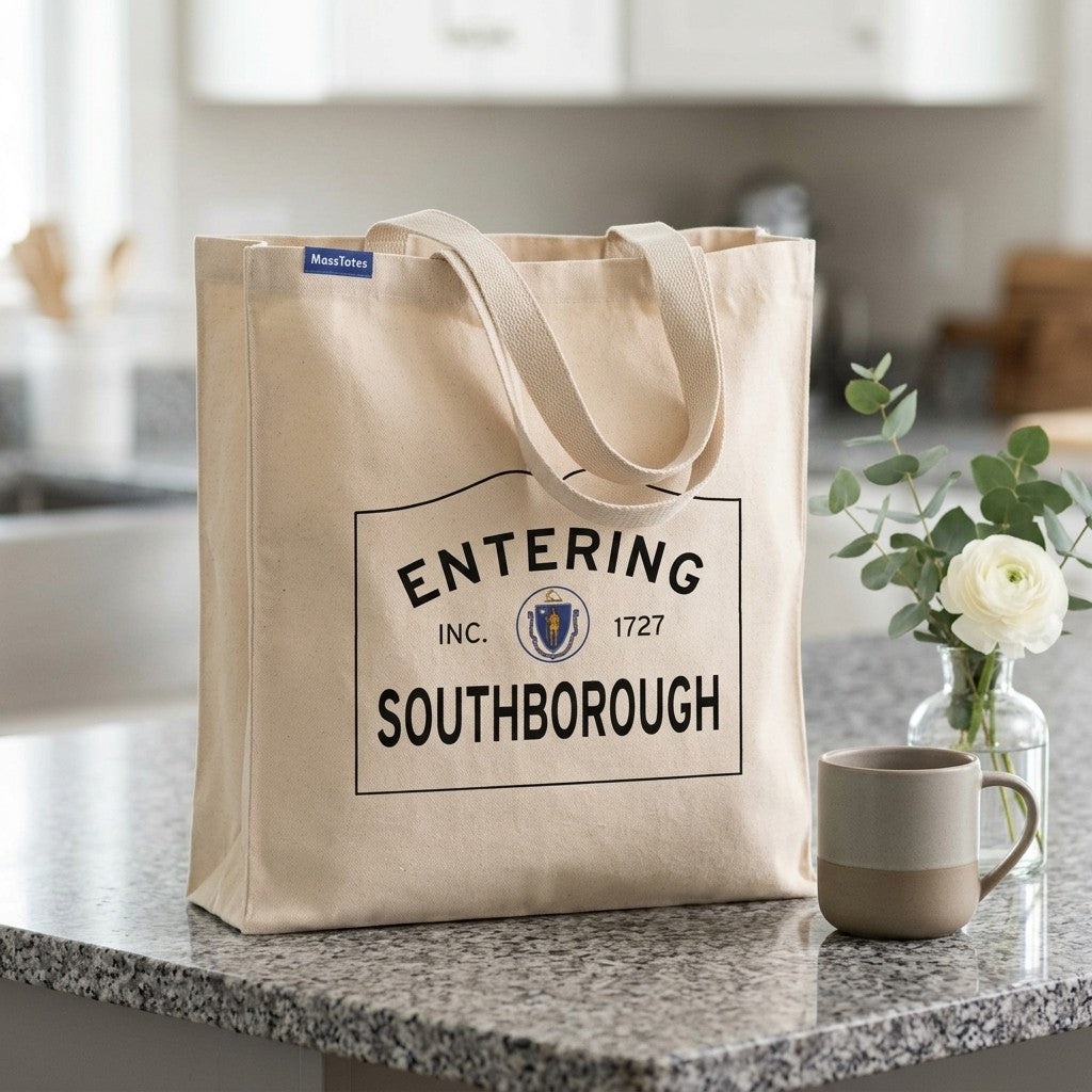 Entering Southborough, Massachusetts Canvas Tote Bag - Lifestyle Scene - Relaxed Natural Setting