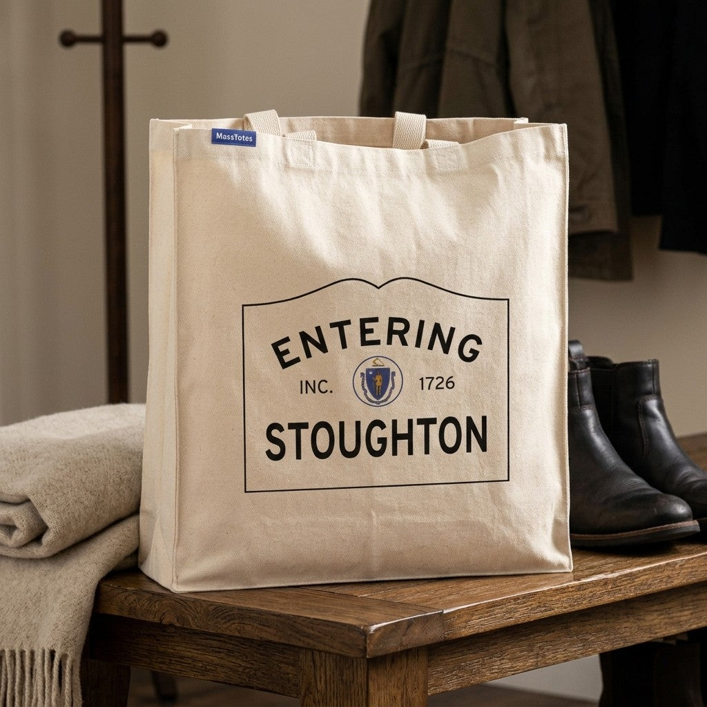 Entering Stoughton, Massachusetts Canvas Tote Bag - Lifestyle Scene - Classic New England Detail