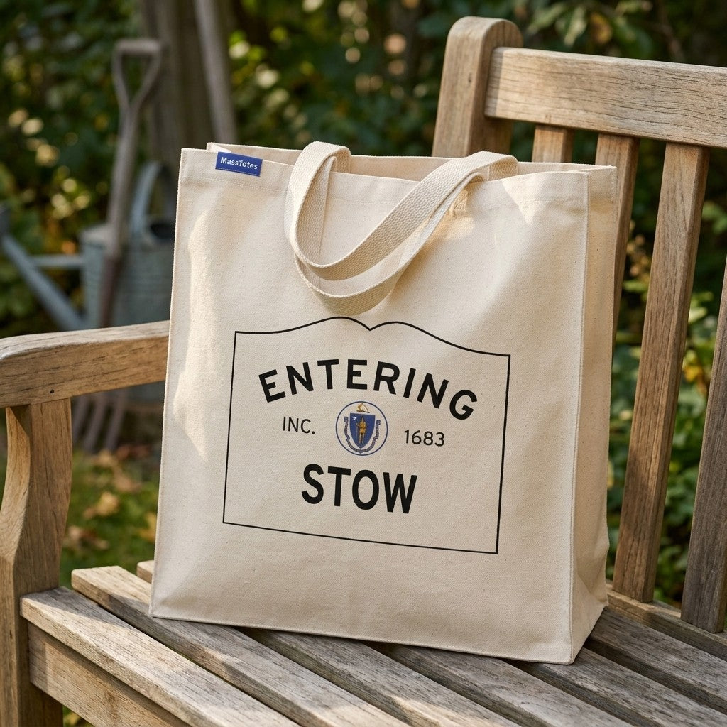 Entering Stow, Massachusetts Canvas Tote Bag - Lifestyle Scene - Relaxed Natural Setting