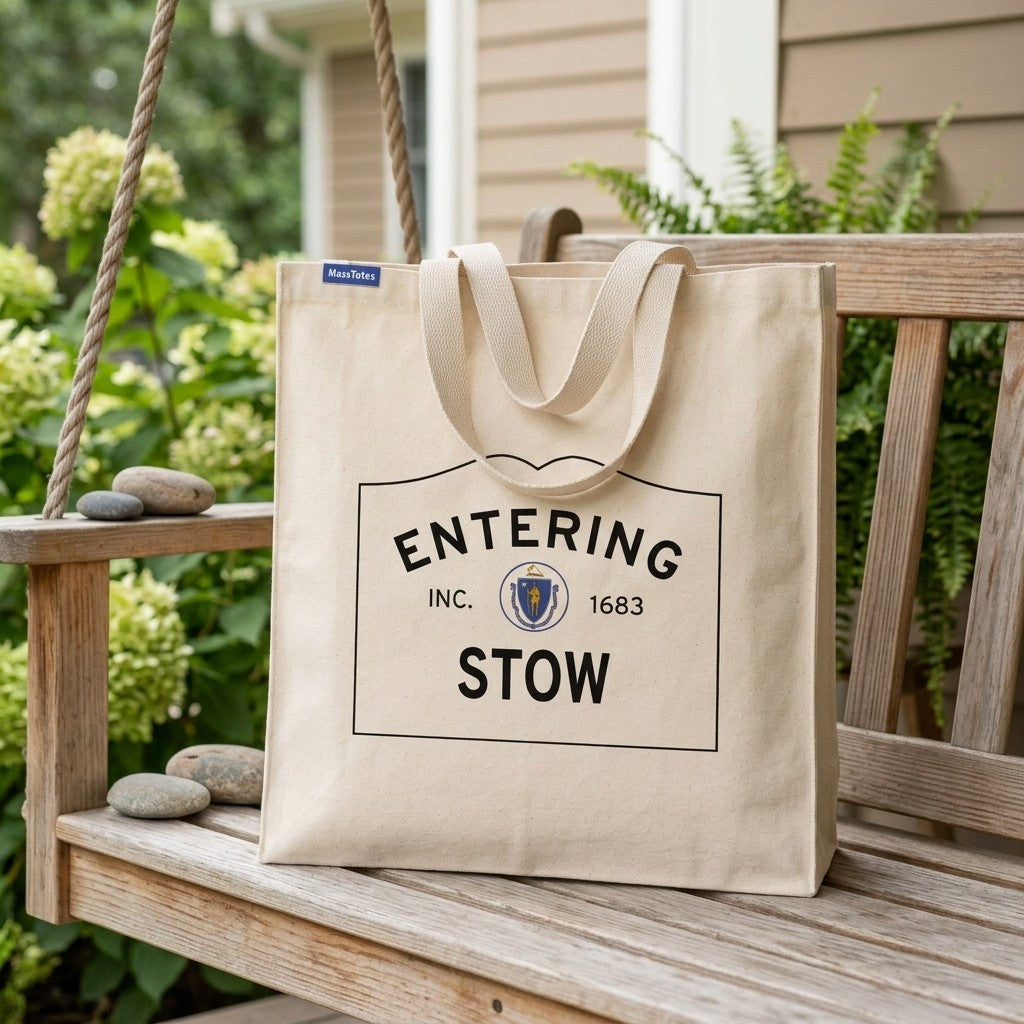 Entering Stow, Massachusetts Canvas Tote Bag - Lifestyle Scene - Classic New England Detail
