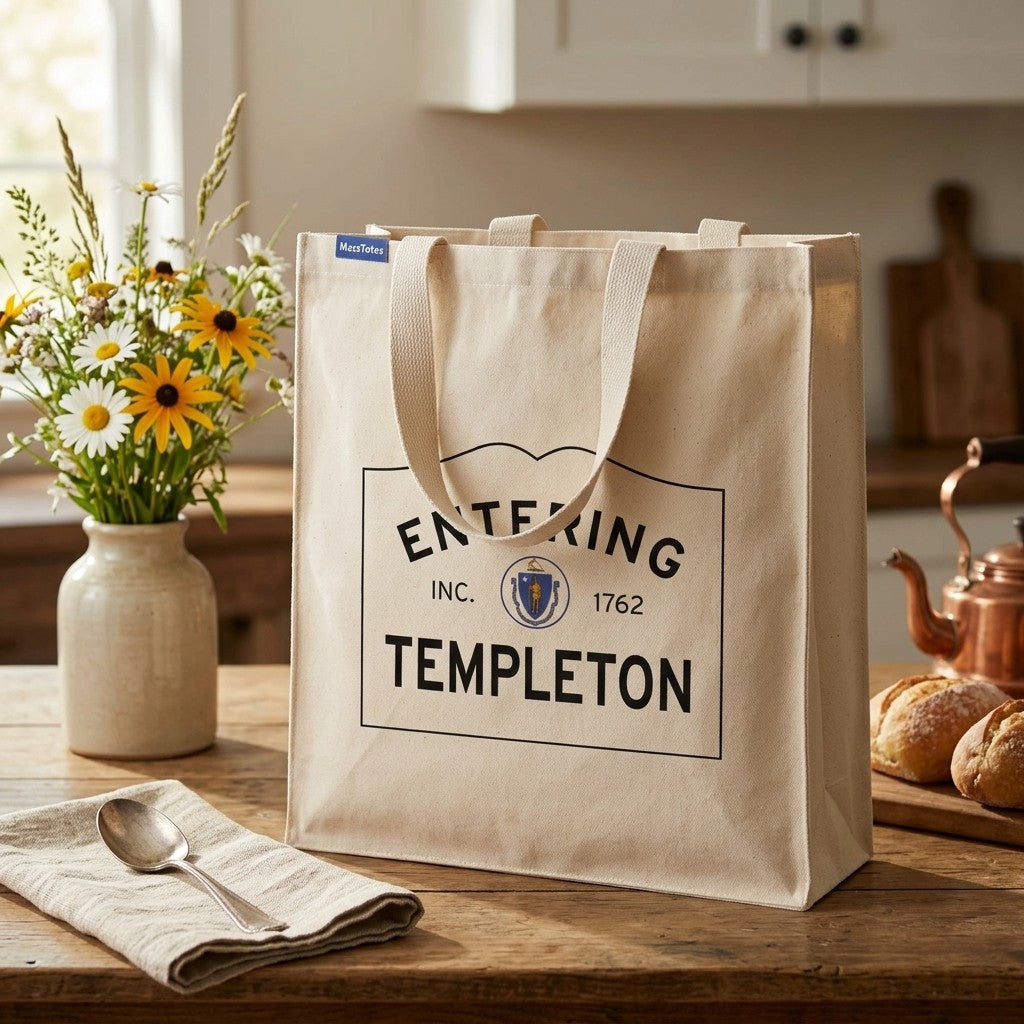 Entering Templeton, Massachusetts Canvas Tote Bag - Lifestyle Scene - Classic New England Detail