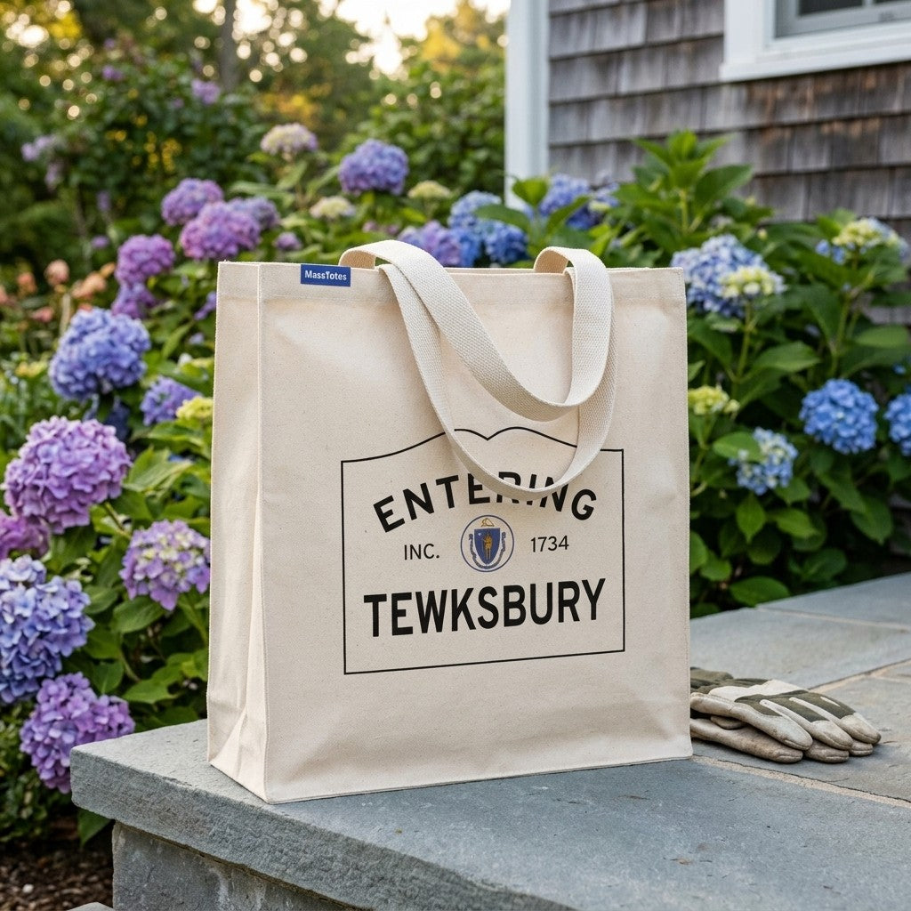 Entering Tewksbury, Massachusetts Canvas Tote Bag - Lifestyle Scene - Classic New England Detail