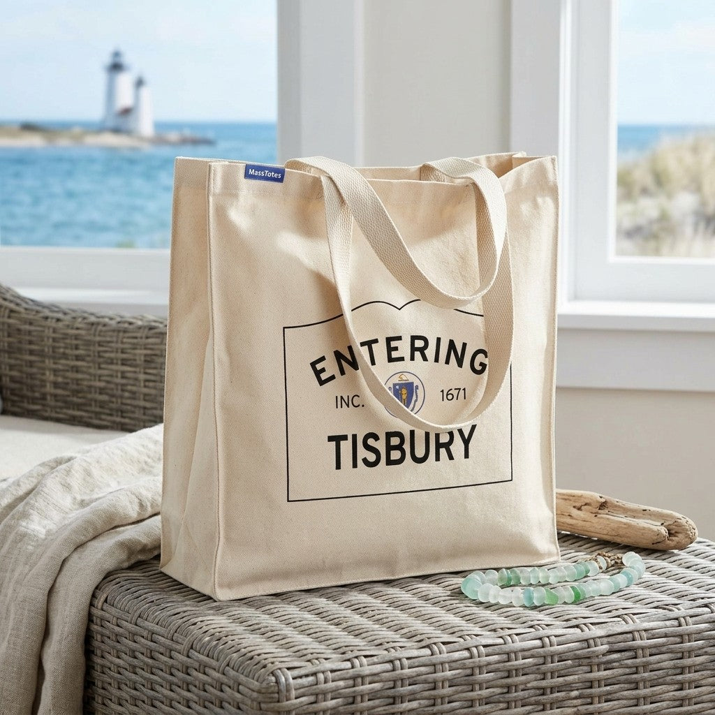 Entering Tisbury, Massachusetts Canvas Tote Bag - Lifestyle Scene - Classic New England Detail
