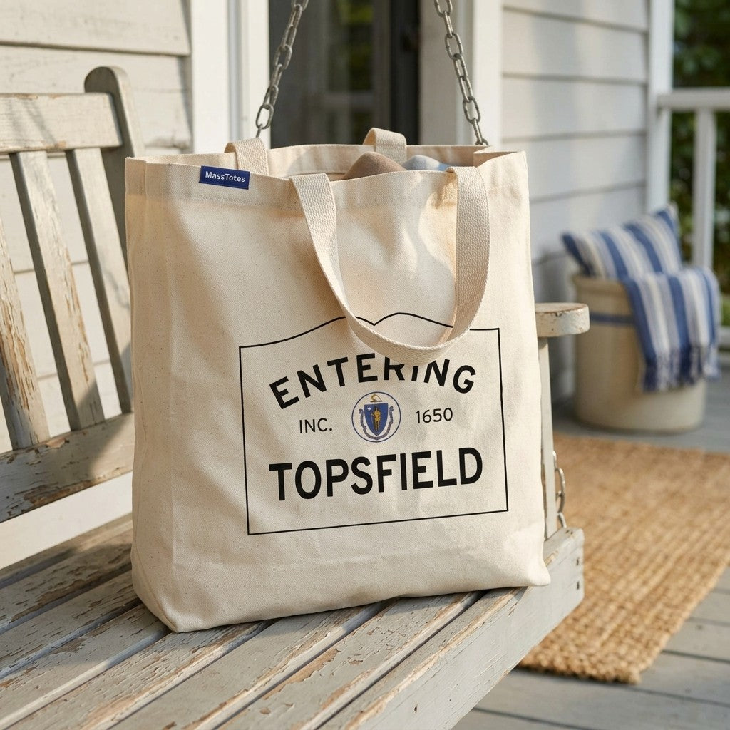 Entering Topsfield, Massachusetts Canvas Tote Bag - Lifestyle Scene - Classic New England Detail