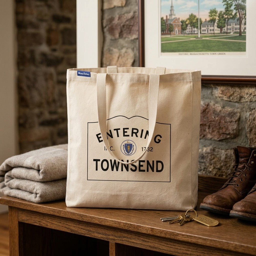 Entering Townsend, Massachusetts Canvas Tote Bag - Lifestyle Scene - Classic New England Detail