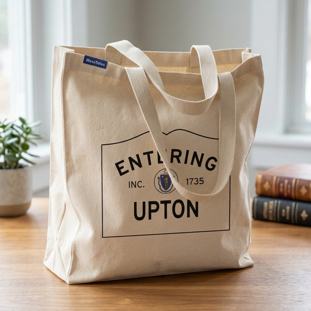 Entering Upton, Massachusetts Canvas Tote Bag - Lifestyle Scene - Classic New England Detail
