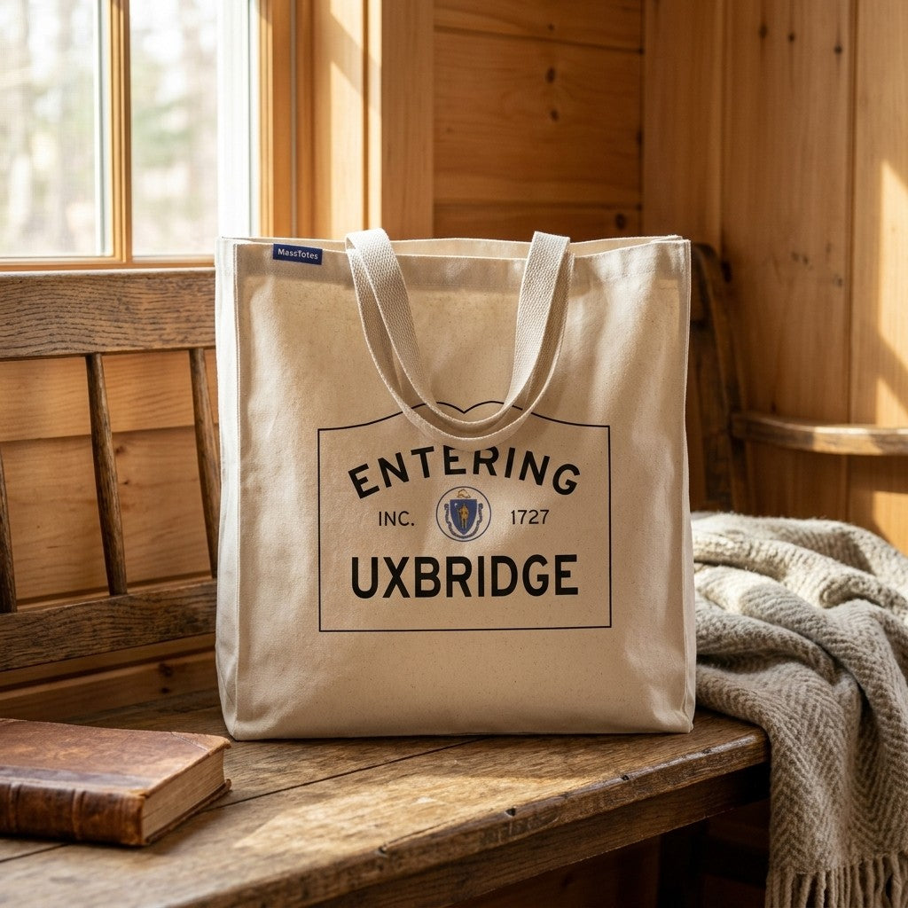 Entering Uxbridge, Massachusetts Canvas Tote Bag - Lifestyle Scene - Classic New England Detail