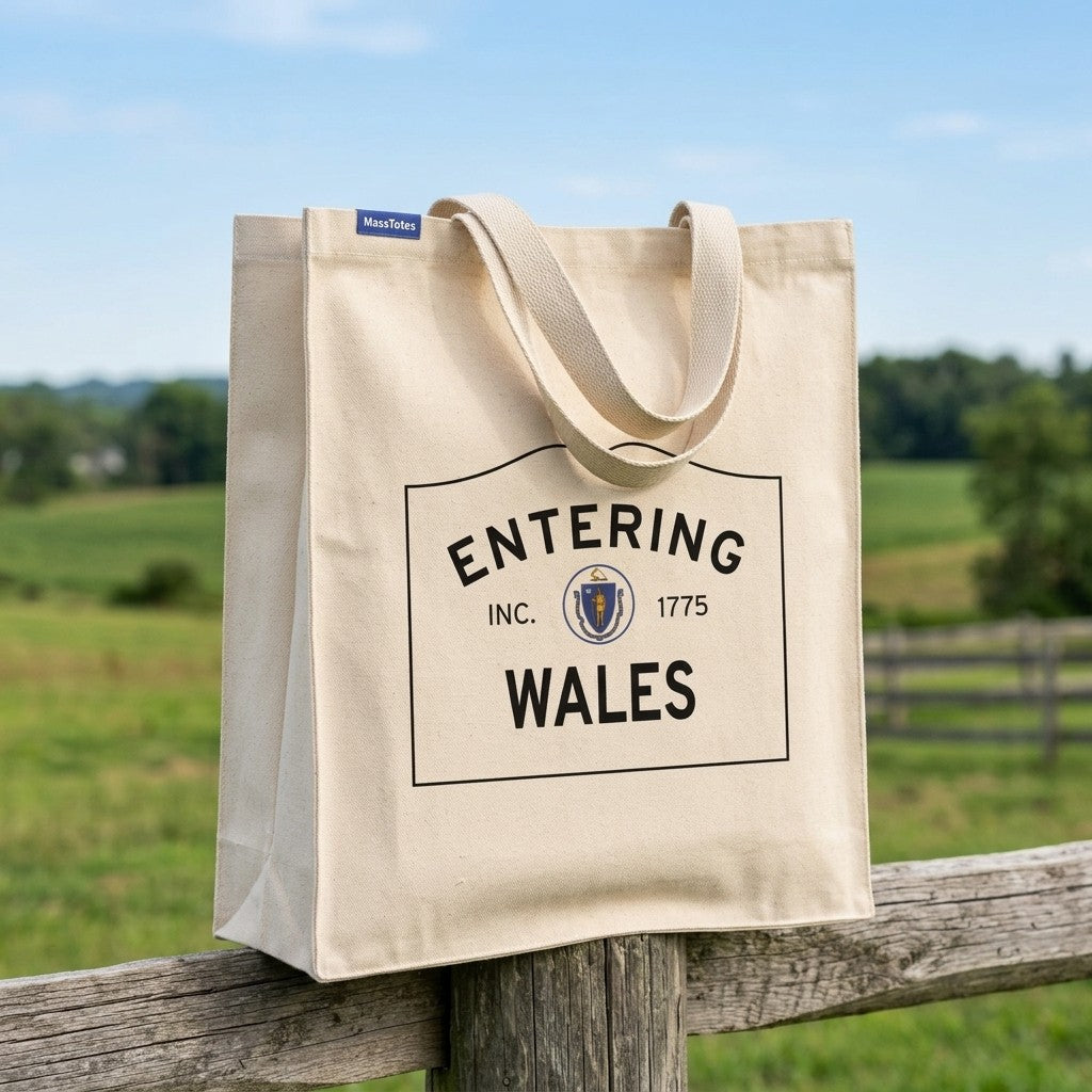 Entering Wales, Massachusetts Canvas Tote Bag - Lifestyle Scene - Classic New England Detail