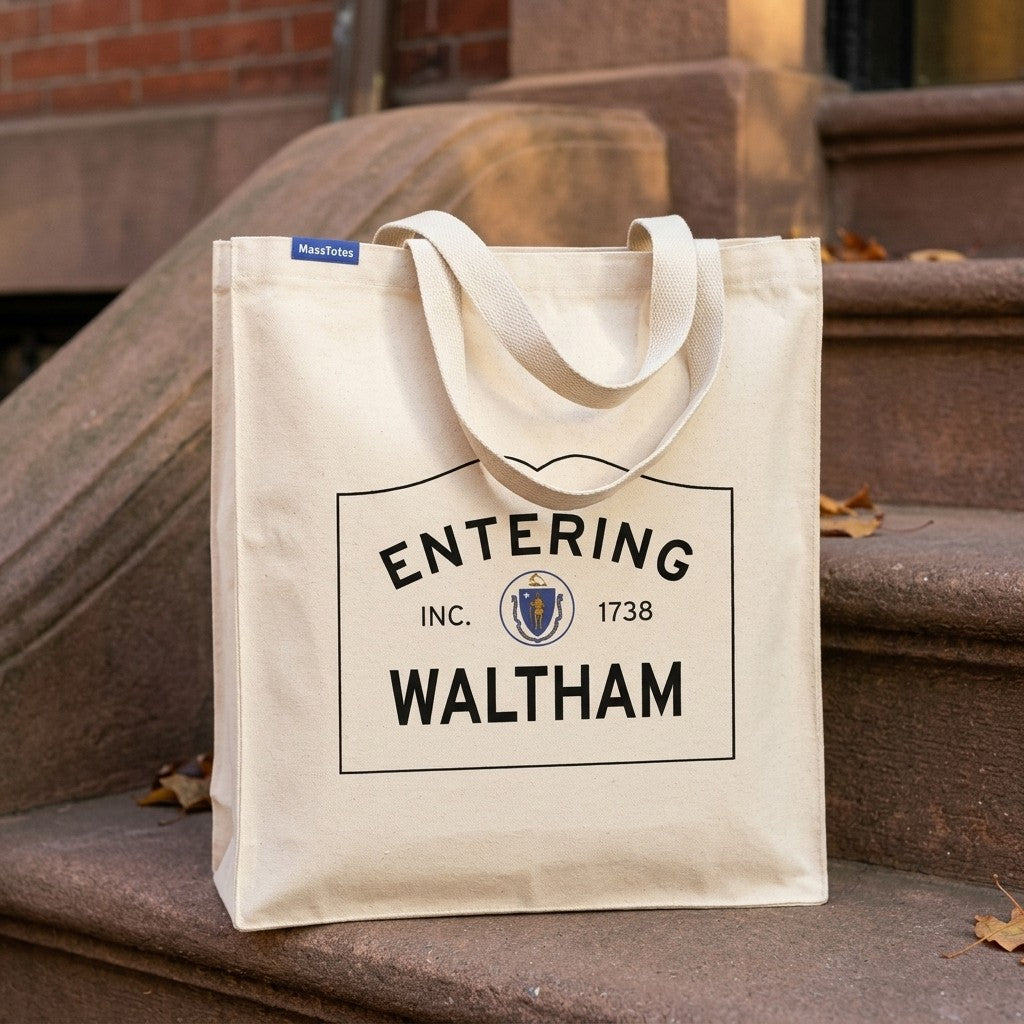 Entering Waltham, Massachusetts Canvas Tote Bag - Lifestyle Scene - Relaxed Natural Setting